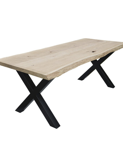 Table en tronc de chêne avec pieds en X en acier